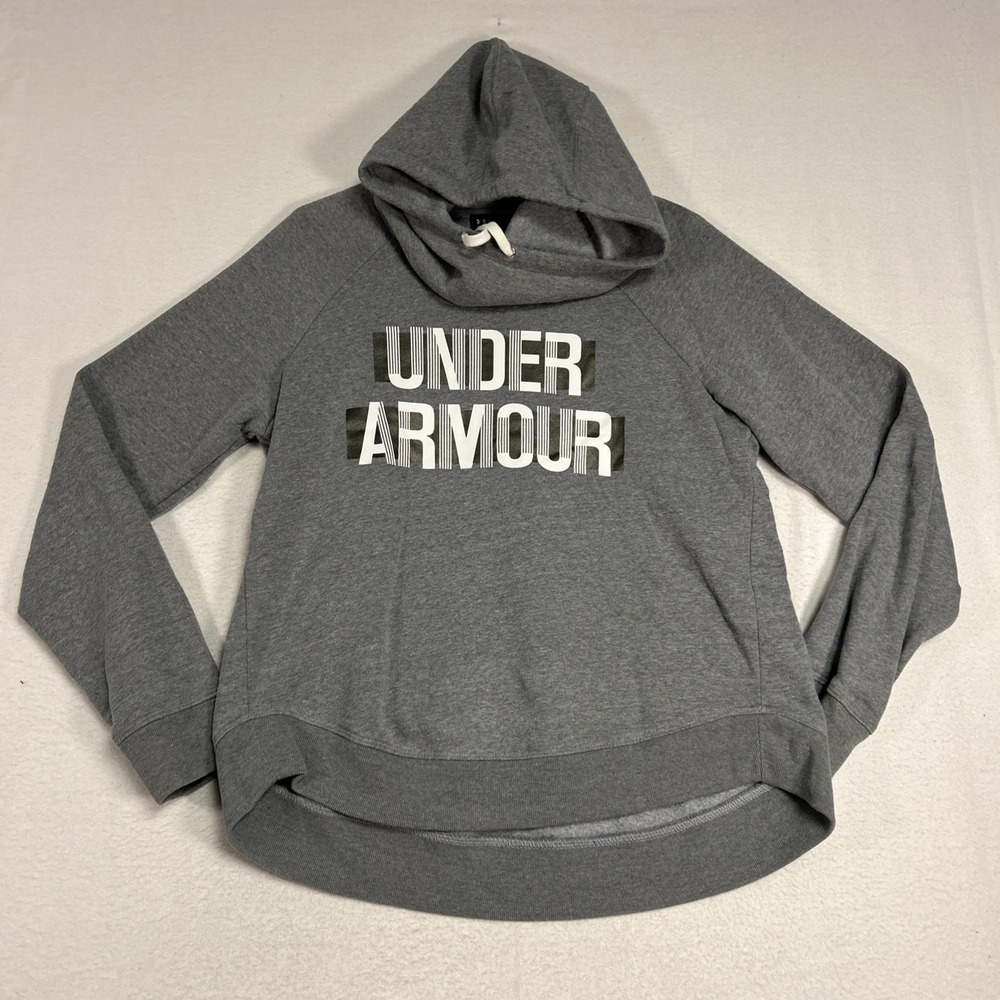 Under Armour Sweatshirt Womens Medium Gray Funnel Neck Graphic Hoodie Loose